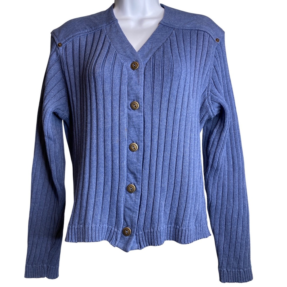 Vintage Saks Fifth Avenue Folio‎ Womens Blue Knit Ribbed Sweater Sz L Button Up
